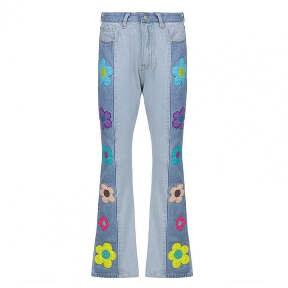 Denim - Blue Flare Jeans with Colorful Floral Accents